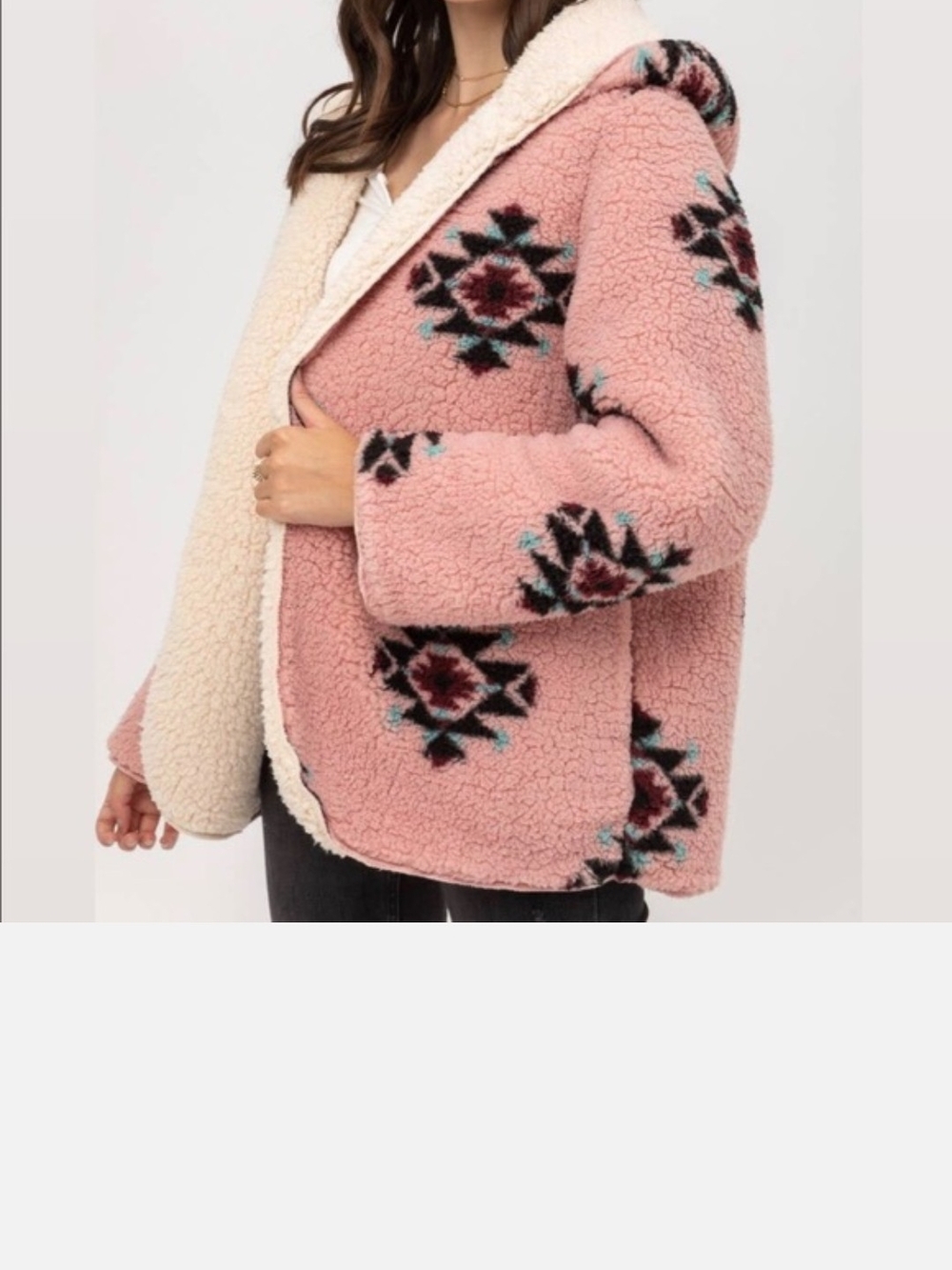 Cozy Pink Sherpa Hooded Jacket with Southwestern Print
